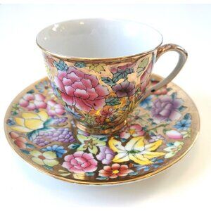 Tea Cup Saucer Set Made in Japan Hand Made Vintage Amazing Colours